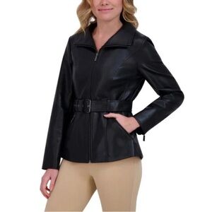 Kenneth Cole Women's Black vegan Leather Belted Jacket size medium NWT
